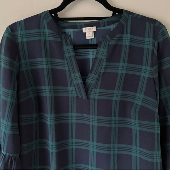 J. Crew Navy Green Tartan Plaid Semi Sheer V Neck 3/4 Bell Sleeve Blouse Small - Picture 5 of 8